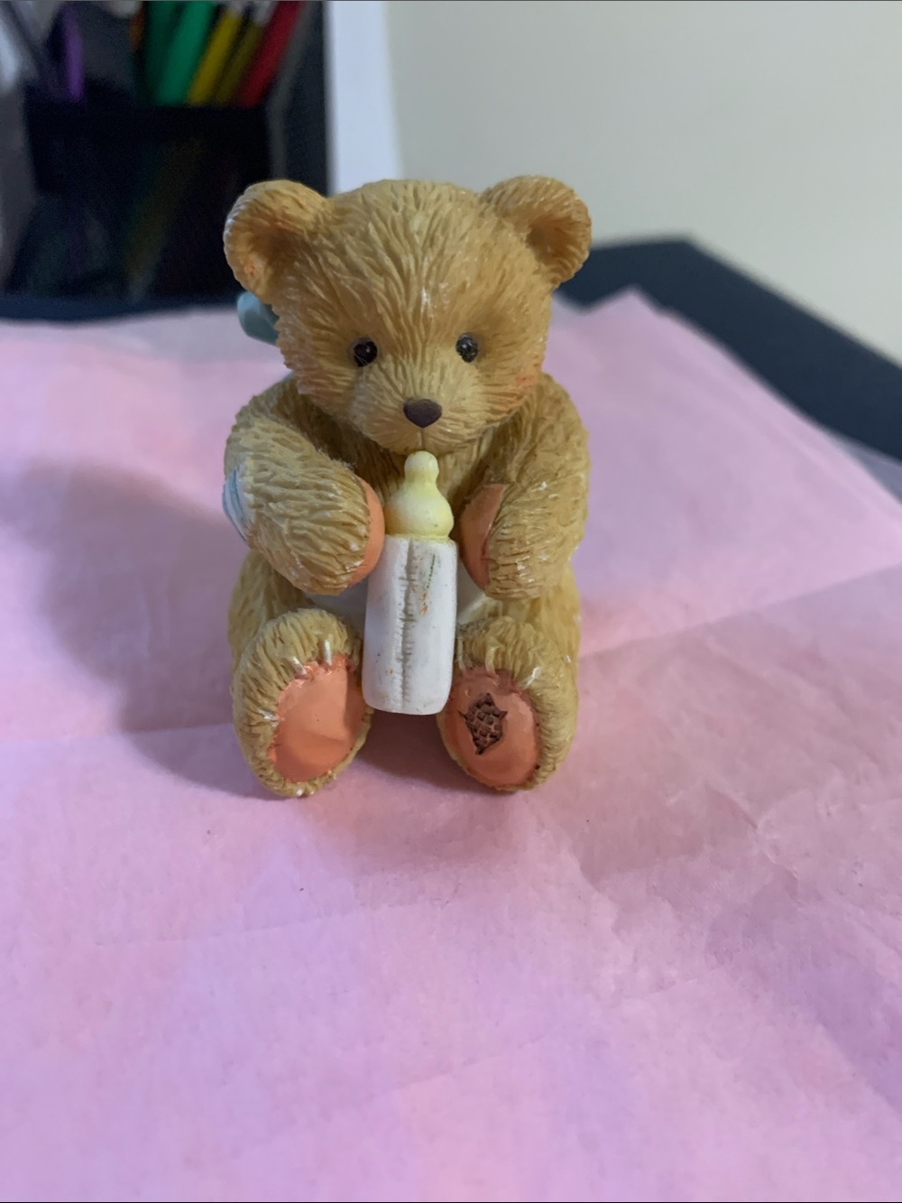 Mini Brown Teddy Bear Figurine with Baby Bottle